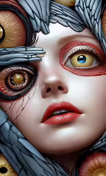 the face of a woman with artistic markings and colorful eye makeup
