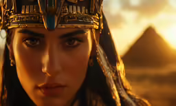 a young woman in a costume with a pyramid in the background