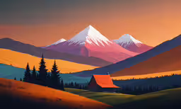 a mountain scene with a farm house under a snow - capped mountain,a painting of a mountain house by a lake