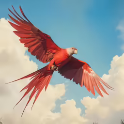 there is a large parrot that is flying in the sky