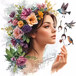a woman with flowers and music notes flying out of her hair