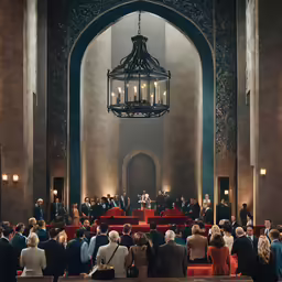 a group of people stand at the alter of a cathedral