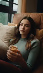 a woman is holding a drink sitting on a brown couch