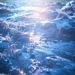 sunlight shines through the water and rocks on a path