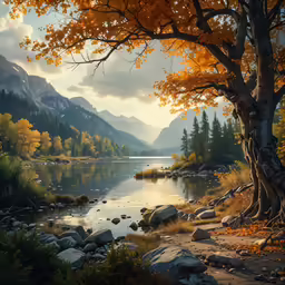 an artistic painting with trees near a river