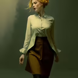 a red haired woman in a green blouse and brown skirt
