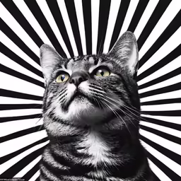 a cat staring upward in black and white
