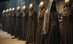 a long line of mannequins that appear to be dressed as dark - skinned figures