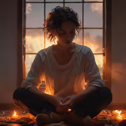a woman sitting in the middle of a room holding her hands together