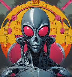 a robot with red eyes standing in front of an orange circle,a weird alien with bright red eyes