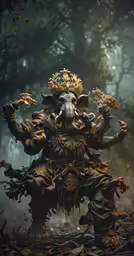 a statue of an elephant god in a dark forest
