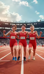 three women race together on a track in a stadium