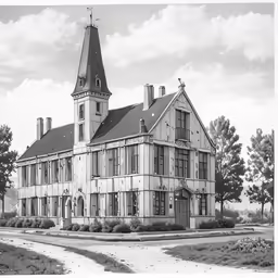a drawing of an old brick building with an spire on top