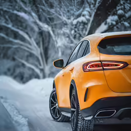 an orange car parked in the snow near trees