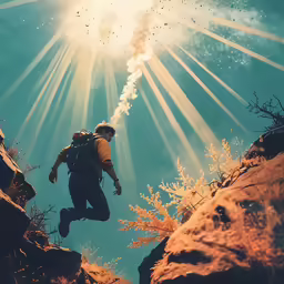 a man with a backpack hiking uphill with sunlight streaming over his head