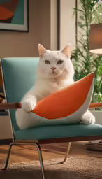 a cat with green eyes and white fur laying on top of a blue chair