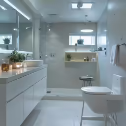 the modern bathroom features all white fixtures, and large windows