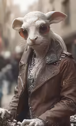a sphy - wolf is wearing leather, while riding his motorcycle
