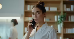 a young woman talking on a phone in a room