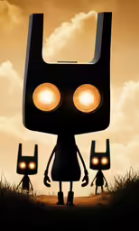 people standing in front of a light with their faces illuminated by bright yellow eyes