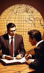 two men in suits sitting at a table in front of a globe,two people signing in an open notebook while sitting at a table