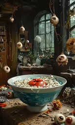 an elaborate bowl has some fake eyes and a tomato
