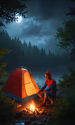the person is setting their tent on fire while sitting,a man is camping in the wilderness while holding a tent