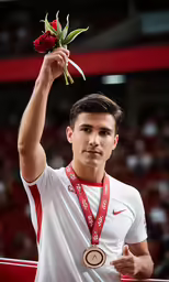 a man in a red and white uniform is holding a rose