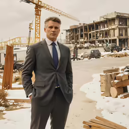 a man in a suit and tie standing near wooden structures