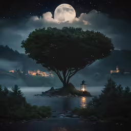 the full moon hangs above an island with a tree at night