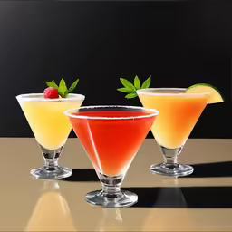 three drinks lined up with strawberries and limes