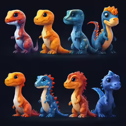 a set of different colored dinosaur statues