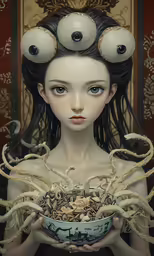 a woman holds a bowl of food with eyes