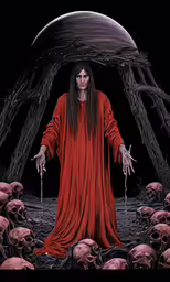 a depiction of an evil woman surrounded by skulls