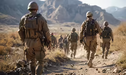 some soldiers are going down a trail in the mountains