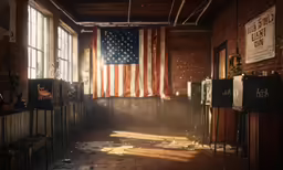 an empty room that has an american flag hanging over it