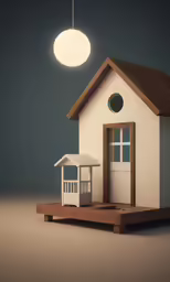 small white house on wooden floor next to a small lamp