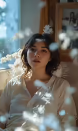 a woman sitting on top of a couch in front of a window