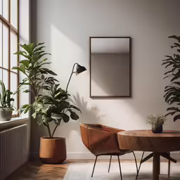 an empty room with a large mirror and planters