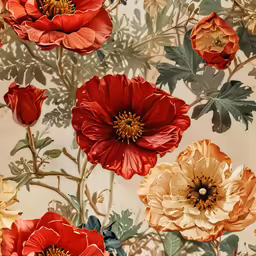 red flowers on a beige background with leaves