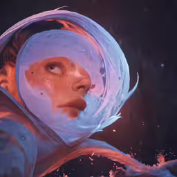 a woman in a blue dress with a pink flower in her hand,a young woman with bright makeup is surrounded by bubbles