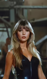 a woman in tight black dress next to an object
