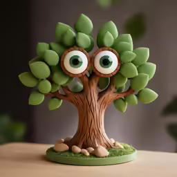 a statue of a tree with eyes and green leaves
