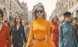 woman in orange dress with people walking