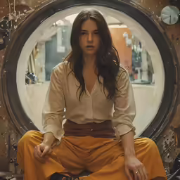 a woman sits on a piece of machinery in front of a circular window