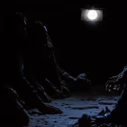 two people sitting on the ground in the dark with a flashlight shining