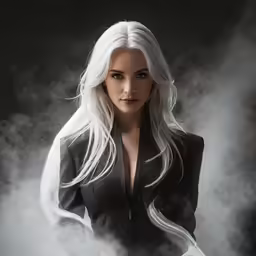 a woman with white hair in a black coat posing for the camera