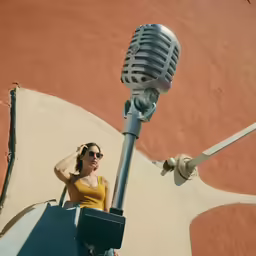 a woman sitting next to a giant microphone