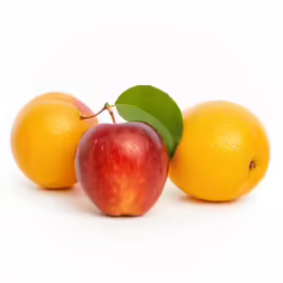 three oranges with one apple and two lemons