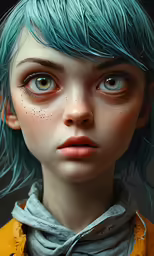 an artistic painting shows a blue haired girl with green hair and bright makeup